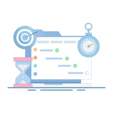 Proje Yönetimi Konsepti veya Yönetimi. Geliştirme kaynaklarını yönetmek için stratejik plan, yazılım geliştirme planlaması, iş teslim tarihi konsepti için gantt çizelgesi. düz dizayn.