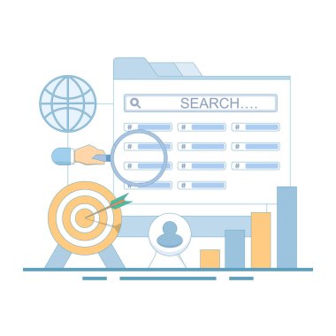Arama motoru SEO Strateji Konsepti. Arama, bulma veya araştırma, SEO, arama motoru optimizasyonu. Üst sırayı arayın. SEO sıralamasını değiştir. İkinci en yüksek rütbe. düz tasarım illüstrasyon.