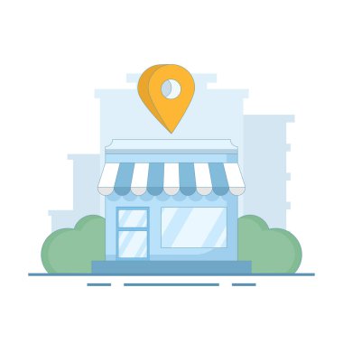 Dükkan Konumu Konsepti. Mobil navigasyon, GPS navigatörü, depoya giden yol. Mağaza haritada listelenmiş. Yerel pazarlama, arama motoru haritasında iş yeri. Arkaplanda düz tasarım çizimi.