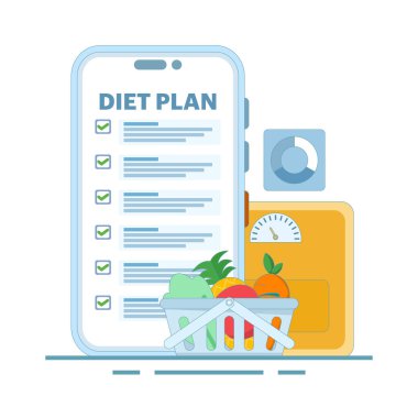 Düz tasarım, sağlıklı yiyecekler içeren bir diyet planının çizimi. Meyve ve sebzelerle dolu, sağlıklı bir yeme planını sembolize ediyor. Sağlıklı ve düzenli bir ruh. Sağlığın ve gıdanın iyileştirilmesi.