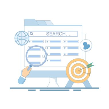 Arama motoru SEO Strateji Konsepti. Arama, bulma veya araştırma, SEO, arama motoru optimizasyonu. Üst sırayı arayın. SEO sıralamasını değiştir. İkinci en yüksek rütbe. düz tasarım illüstrasyon.
