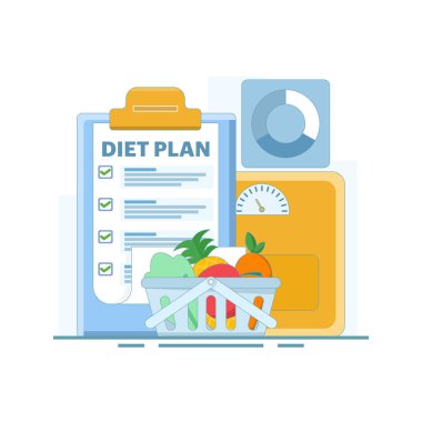 Düz tasarım, sağlıklı yiyecekler içeren bir diyet planının çizimi. Meyve ve sebzelerle dolu, sağlıklı bir yeme planını sembolize ediyor. Sağlıklı ve düzenli bir ruh. Sağlığın ve gıdanın iyileştirilmesi.