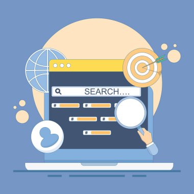 Arama motoru SEO Strateji Konsepti. Arama, bulma veya araştırma, SEO, arama motoru optimizasyonu. Üst sırayı arayın. SEO sıralamasını değiştir. İkinci en yüksek rütbe. düz tasarım illüstrasyon.