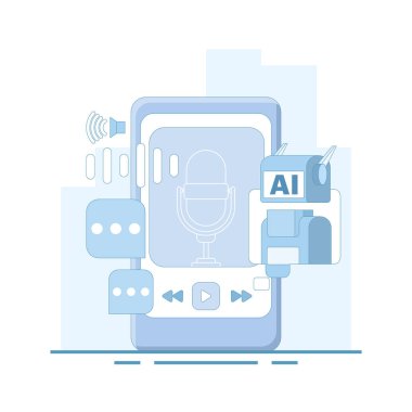 Yapay zeka yayını jeneratörü konsepti. Ses podcast 'leri kaydediyor. Ses akıllı telefondan dinleniyordu. Al otomatik olarak podcast bölümleri üretir. Platformlar ve pervaneler. düz tasarım illüstrasyon.