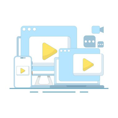 Herkese küresel erişim. Videoyu izle. Entertainment medya vektör video oynatıcı illüstrasyon kavramı. canlı dijital ağ televizyon yayını. Sosyal medya kanallarından canlı yayın.