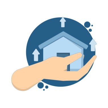 Artan konut fiyatları kavramı, gayrimenkul veya emlak büyümesi, ev ve mülkle el ele tutuşmak ve yükselen fiyatları gösteren bir ok. Arkaplanda düz vektör illüstrasyonu.