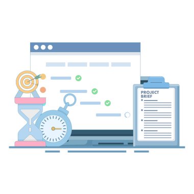 Proje Yönetimi Konsepti veya Yönetimi. Geliştirme kaynaklarını yönetmek için stratejik plan, yazılım geliştirme planlaması, iş teslim tarihi konsepti için gantt çizelgesi. düz dizayn.