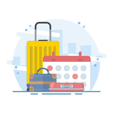 Seyahat Tarihi Konsepti. Yıllık izinleri, tatil planlarını gösteren işaretli takvimi gösteriyor. Dinlenmek ve sıkı çalışmaktan dinlenmek için izne ayrılıyorum. düz tasarım illüstrasyon.