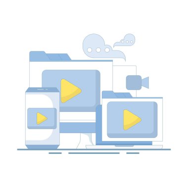 Herkese küresel erişim. Videoyu izle. Entertainment medya vektör video oynatıcı illüstrasyon kavramı. canlı dijital ağ televizyon yayını. Sosyal medya kanallarından canlı yayın.