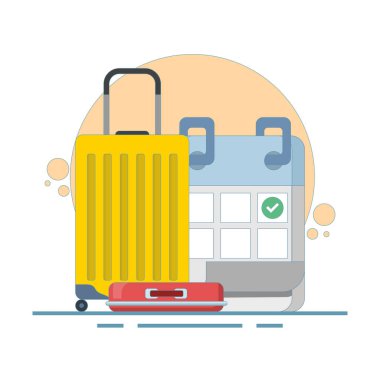 Seyahat Tarihi Konsepti. Yıllık izinleri, tatil planlarını gösteren işaretli takvimi gösteriyor. Dinlenmek ve sıkı çalışmaktan dinlenmek için izne ayrılıyorum. düz tasarım illüstrasyon.