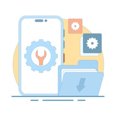 Sistem bakımı, sistem hataları ve sorun giderme. Sistem yazılımı bakım altında. Uyarı ya da bakım. Tamir edilmesi gereken bir güvenlik ya da aygıt. düz tasarım illüstrasyon.