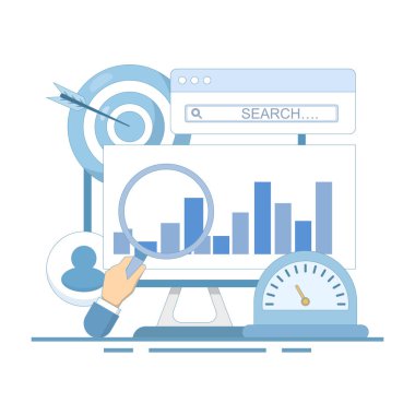 Seo optimizasyon konsepti. Arama motoru optimizasyonu, web sitesi için kampanya. İnternet sitesi arama sonuçları, web sıralamasını yükseltmek için reklam veya pazarlama. düz dizayn.