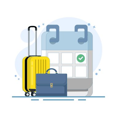 Seyahat Tarihi Konsepti. Yıllık izinleri, tatil planlarını gösteren işaretli takvimi gösteriyor. Dinlenmek ve sıkı çalışmaktan dinlenmek için izne ayrılıyorum. düz tasarım illüstrasyon.