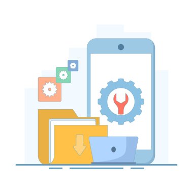 Sistem bakımı, sistem hataları ve sorun giderme. Sistem yazılımı bakım altında. Uyarı ya da bakım. Tamir edilmesi gereken bir güvenlik ya da aygıt. düz tasarım illüstrasyon.