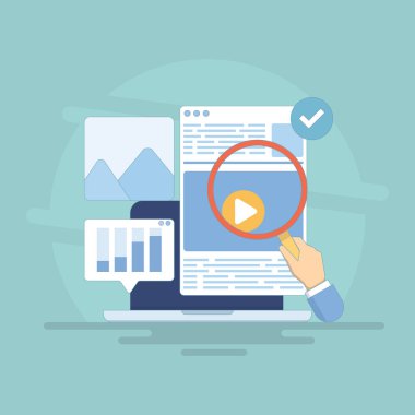 İçerik yazma kavramları, web siteleri için kalite yazılı içerik, Marka pazarlama stratejileri, sosyal medya için yüksek kaliteli video içeriği. Kaliteli içerik oluşturulmasını vurgulayan çizimler.