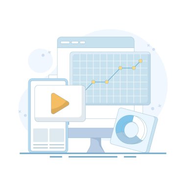 Sosyal medya postası konsepti. İçerik meşgul ediliyor. Video pazarlama stratejisi. Bağlayıcı içerik yaratmak için sosyal medya. Video içeriği hikayesi. Dijital pazarlama ya da kampanya. Düz tasarım.