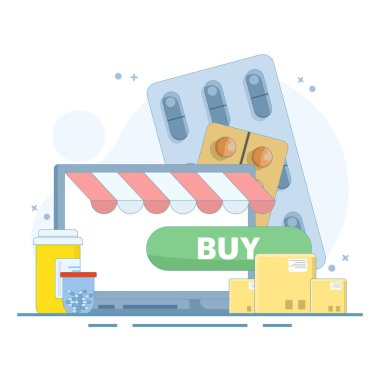 Online tıp satın alma konsepti. Online ilaç ödemesi. Çevrimiçi eczane, sağlık hizmeti cihazıyla ilaç satın alır. arkaplanda düz tasarım çizimi.