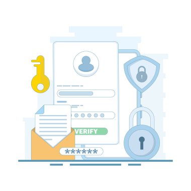 Çevrimiçi hesap kaydı ve erişim konsepti. İnternetteki profillerin ve hesapların korunması. Profil ya da hesap girişi. Kimlik doğrulama ve güvenlik. Düz tasarım çizimi.