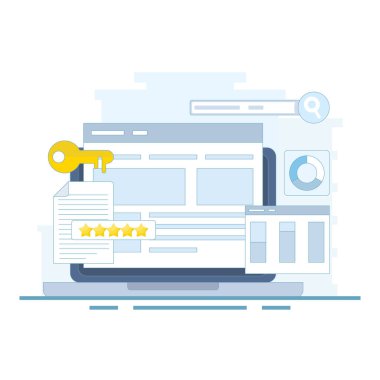 Anahtar kelime analiz kavramı, anahtar kelime araştırma araçları. Anahtar kelime yarışma analizi. Çoğu anahtar sözcük arandı. SEO anahtar sözcükler arama motoru sonuç sayfalarına hakim. Arkaplanda düz tasarım.