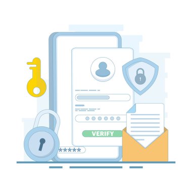 Çevrimiçi hesap kaydı ve erişim konsepti. İnternetteki profillerin ve hesapların korunması. Profil ya da hesap girişi. Kimlik doğrulama ve güvenlik. Düz tasarım çizimi.