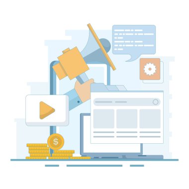 Video pazarlama. Pazarlama stratejisi, iş, haber, terfi, tanıtım, kurslar, destek. Video içeriği pazarlama, video pazarlama stratejisi. Dijital pazarlama araçları. düz tasarım illüstrasyon.