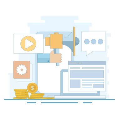 Video pazarlama. Pazarlama stratejisi, iş, haber, terfi, tanıtım, kurslar, destek. Video içeriği pazarlama, video pazarlama stratejisi. Dijital pazarlama araçları. düz tasarım illüstrasyon.