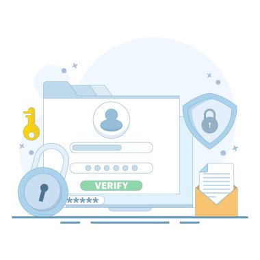 Çevrimiçi hesap kaydı ve erişim konsepti. İnternetteki profillerin ve hesapların korunması. Profil ya da hesap girişi. Kimlik doğrulama ve güvenlik. Düz tasarım çizimi.