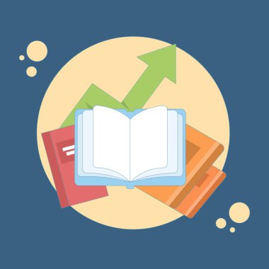 Bilgi gelişimi ve eğitim süreci kavramı. Eğitim ya da bilgi, beceri geliştirme yolunda atılmış bir adımdır. Arkaplanda düz vektör tasarımı çizimi.