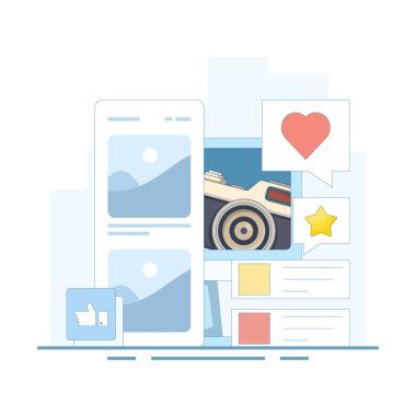 Sosyal medya konsepti. Sosyal medya ve dijital pazarlama. Piyasa araştırmaları için sosyal medya, reklamcılık, pazarlama kampanyaları, internet siteleri için iletişim. arkaplanda düz tasarım çizimi.