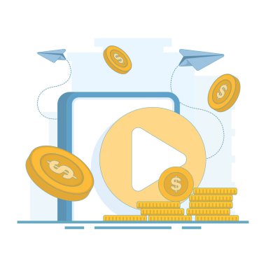 Live Streaming Video ile Sosyal Medya Konsepti. Sosyal medya kanallarından canlı yayın videosu. Eğlence içeriği için yeni yaratıcı içerik fikri. Arkaplanda düz vektör illüstrasyonu.