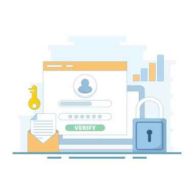 Çevrimiçi hesap kaydı ve erişim konsepti. İnternetteki profillerin ve hesapların korunması. Profil ya da hesap girişi. Kimlik doğrulama ve güvenlik. Düz tasarım çizimi.