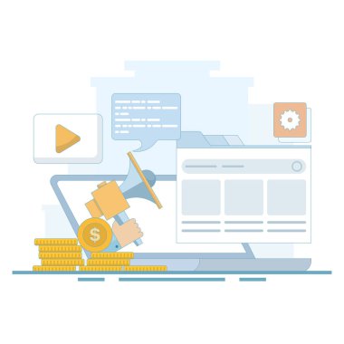 Video pazarlama. Pazarlama stratejisi, iş, haber, terfi, tanıtım, kurslar, destek. Video içeriği pazarlama, video pazarlama stratejisi. Dijital pazarlama araçları. düz tasarım illüstrasyon.