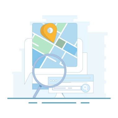 İzleme kampanyası konsepti. Yol planlaması, yer belirleme. Şehir seyahati navigasyonu. Haritada yön bulma. GPS pimleri olan harita cihazı. Arkaplanda düz vektör tasarımı çizimi.