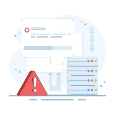 Sunucu hataları ve arızaları. Zavallı sunucu kalitesi. Sunucu Devre dışı. Trafik seli ve DNS sorunları var. Bağlantı kesildi. Sunucu hataları ve arızaları. Arkaplanda düz illüstrasyon.