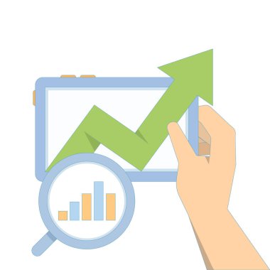 İş veri analizi kavramı. Çubuk çizelgesinde büyüteç, yukarı bakan oklar, iş yatırımları. Kontrol paneli bilgi şeması raporu. Veri analizi ve büyümeyi gösterir.