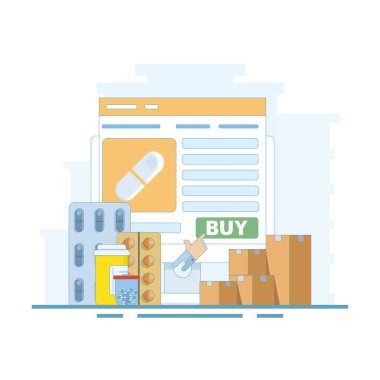 Online tıp satın alma konsepti. Online ilaç ödemesi. Çevrimiçi eczane, sağlık hizmeti cihazıyla ilaç satın alır. arkaplanda düz tasarım çizimi.