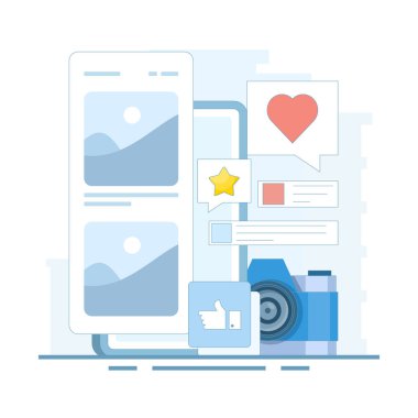 Sosyal medya konsepti. Sosyal medya ve dijital pazarlama. Piyasa araştırmaları için sosyal medya, reklamcılık, pazarlama kampanyaları, internet siteleri için iletişim. arkaplanda düz tasarım çizimi.