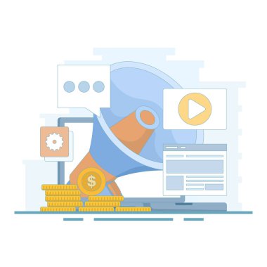 Video pazarlama. Pazarlama stratejisi, iş, haber, terfi, tanıtım, kurslar, destek. Video içeriği pazarlama, video pazarlama stratejisi. Dijital pazarlama araçları. düz tasarım illüstrasyon.