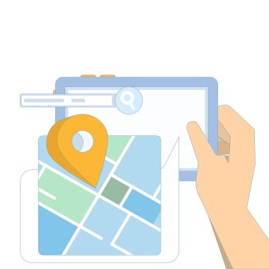 İzleme kampanyası konsepti. Yol planlaması, yer belirleme. Şehir seyahati navigasyonu. Haritada yön bulma. GPS pimleri olan harita cihazı. Arkaplanda düz vektör tasarımı çizimi.