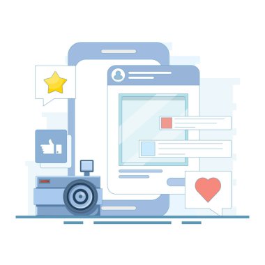 Sosyal medya konsepti. Sosyal medya ve dijital pazarlama. Piyasa araştırmaları için sosyal medya, reklamcılık, pazarlama kampanyaları, internet siteleri için iletişim. arkaplanda düz tasarım çizimi.