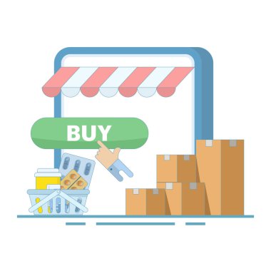 Online tıp satın alma konsepti. Online ilaç ödemesi. Çevrimiçi eczane, sağlık hizmeti cihazıyla ilaç satın alır. arkaplanda düz tasarım çizimi.