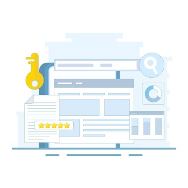 Anahtar kelime analiz kavramı, anahtar kelime araştırma araçları. Anahtar kelime yarışma analizi. Çoğu anahtar sözcük arandı. SEO anahtar sözcükler arama motoru sonuç sayfalarına hakim. Arkaplanda düz tasarım.