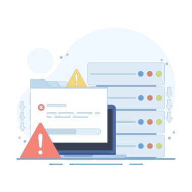 Sunucu hataları ve arızaları. Zavallı sunucu kalitesi. Sunucu Devre dışı. Trafik seli ve DNS sorunları var. Bağlantı kesildi. Sunucu hataları ve arızaları. Arkaplanda düz illüstrasyon.