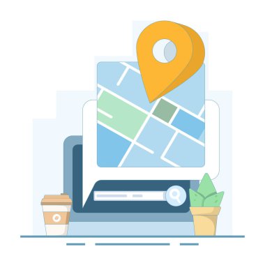 İzleme kampanyası konsepti. Yol planlaması, yer belirleme. Şehir seyahati navigasyonu. Haritada yön bulma. GPS pimleri olan harita cihazı. Arkaplanda düz vektör tasarımı çizimi.