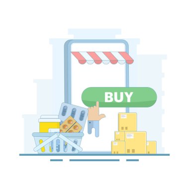 Online tıp satın alma konsepti. Online ilaç ödemesi. Çevrimiçi eczane, sağlık hizmeti cihazıyla ilaç satın alır. arkaplanda düz tasarım çizimi.