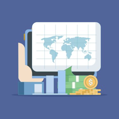 Finansal veri kavramı veya yatırım piyasa kar raporu. İş Veri Analizi. Grafikleri ve istatistikleri olan analiz sekmesi. İş mali başarı raporu. düz tasarım illüstrasyon.