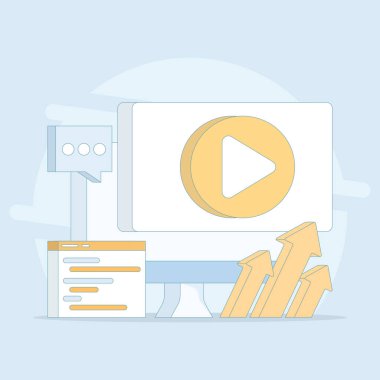 İnternet çevrimiçi video oynatıcı, iş videosu pazarlama. Bilgisayar ekranında video oynatıcı, video içeriği pazarlaması. Video içeriği sosyal medya pazarlaması. Arkaplanda düz tasarım çizimi.