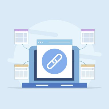 Web sitesi Link Binası Konsepti, Arama Motoru optimizasyonu olarak Bağlantı Binası, Bağlantı Pazarlama ve Binası. Hiper bağlantı sistemi oluşturma, web sitesi işbirliği. Arkaplanda düz tasarım çizimi.