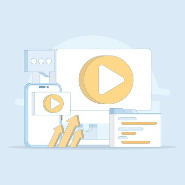 İnternet çevrimiçi video oynatıcı, iş videosu pazarlama. Bilgisayar ekranında video oynatıcı, video içeriği pazarlaması. Video içeriği sosyal medya pazarlaması. Arkaplanda düz tasarım çizimi.