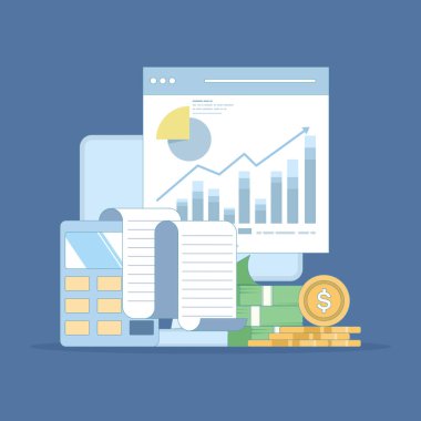 Muhasebe ve finans uzmanı konsepti. Bütçe geliri. Muhasebe kârı, gelirden giderleri çıkararak hesaplanır. Hesap makineli bir muhasebeci. Düz vektör illüstrasyonu.